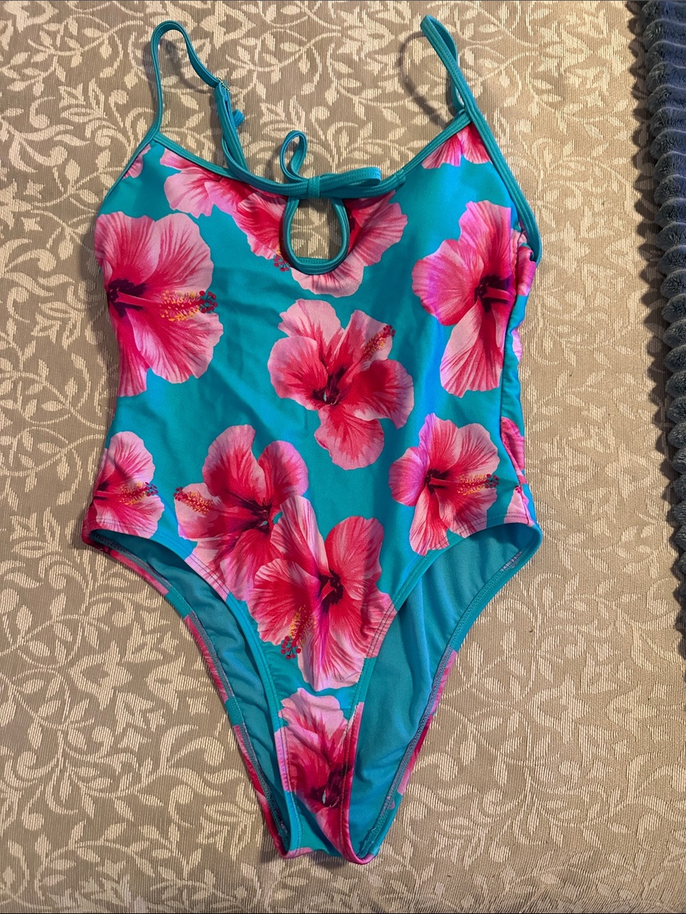 No Boundaries Teal One-Piece Swimsuit with Pink Floral Print